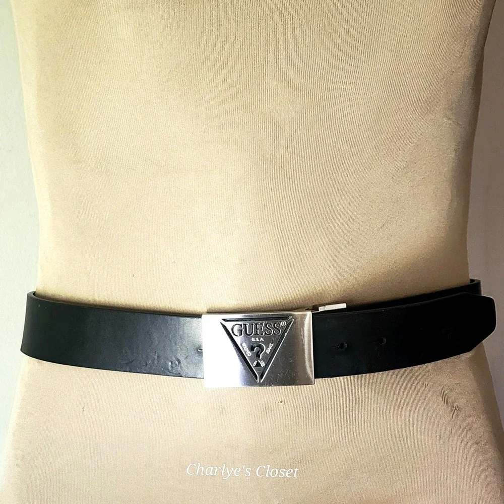 GUESS Mens Leather Belt 32 Black Silver Triangle Logo Buckle 36 Y2K Retro Riz